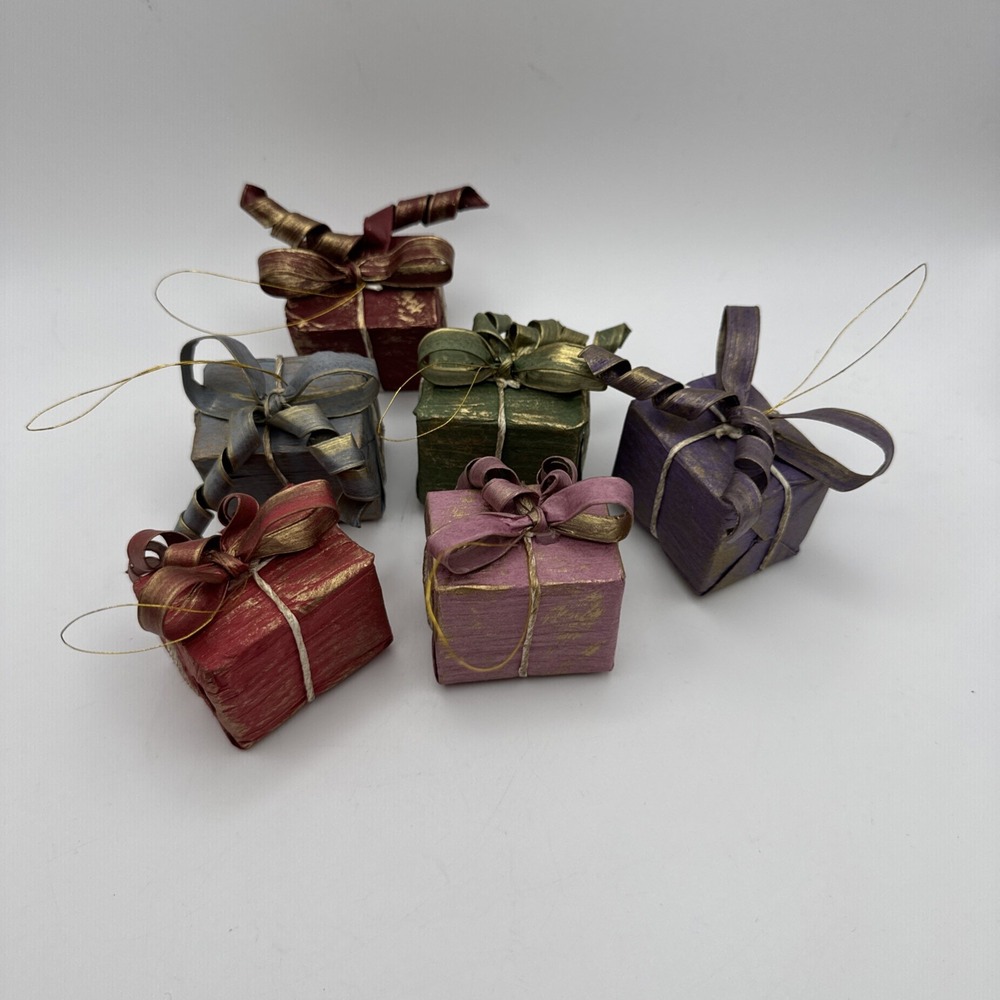 Vintage 80s Dansk‎ Christmas Ornaments Presents Paper Mache Ribbon Set 6 Box